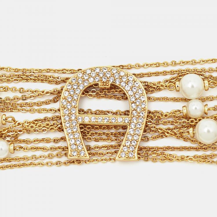 Pre Owned Aigner Capri Faux Pearl Crystal Gold Tone Bracelet