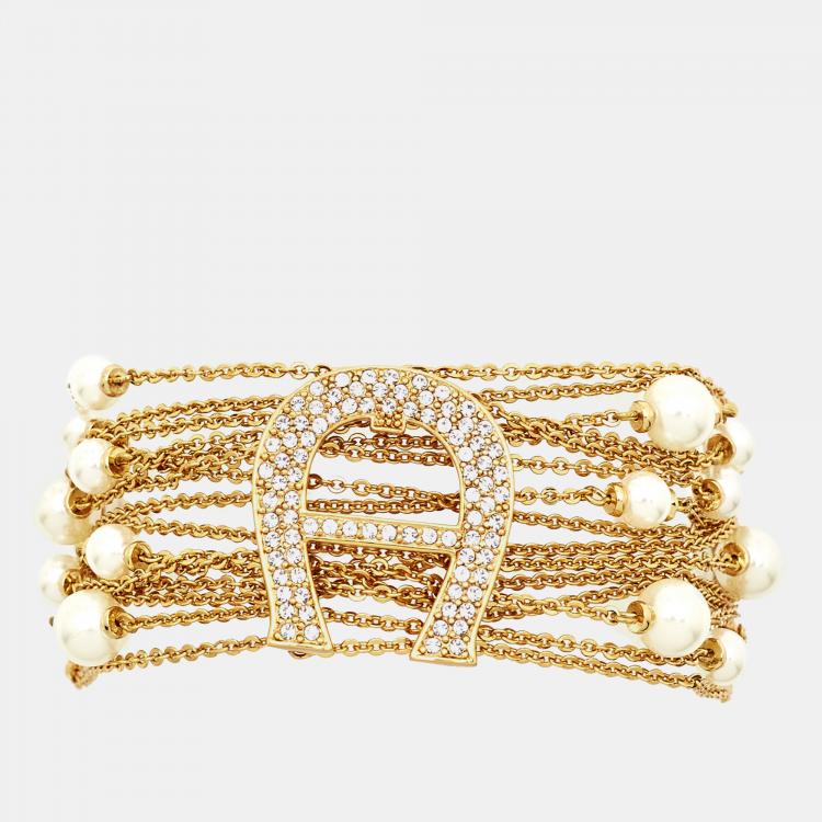 Pre Owned Aigner Capri Faux Pearl Crystal Gold Tone Bracelet