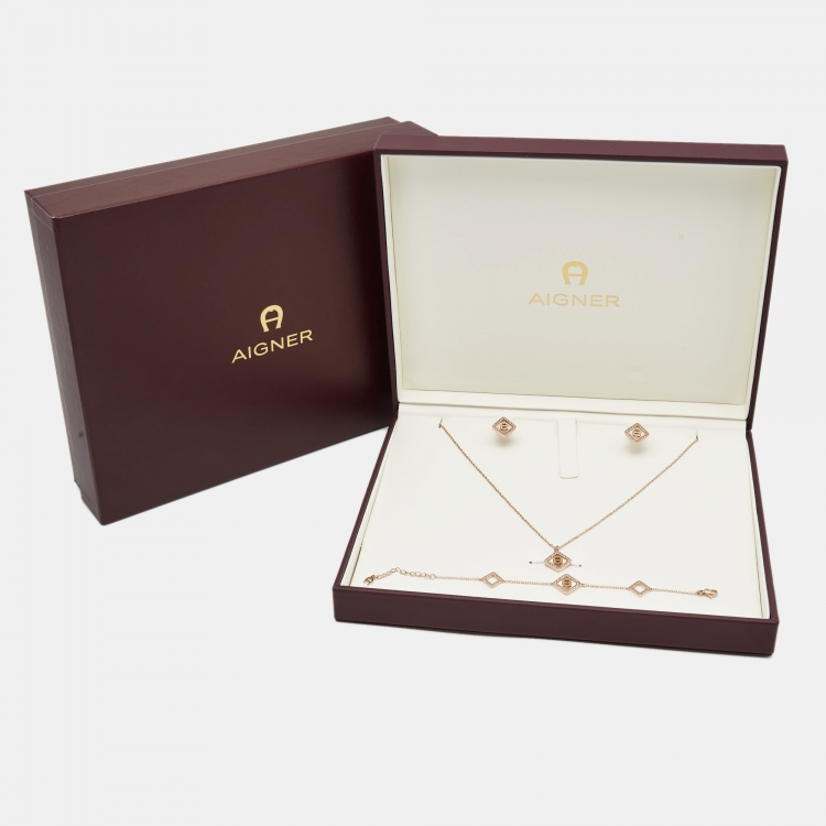 Pre Owned Aigner Crystal Gold Tone Necklace Set