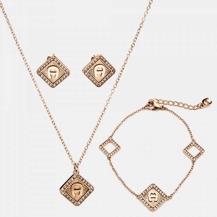 Pre Owned Aigner Crystal Gold Tone Necklace Set