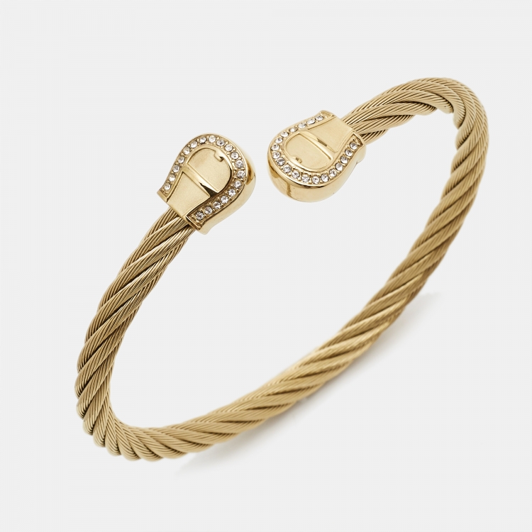 مملوكة مسبقًا Aigner Double A Logo Crystal Gold Tone Steel Bracelet