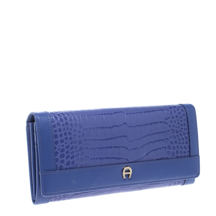 Pre Owned Aigner Purple Croc Embossed Continental Wallet