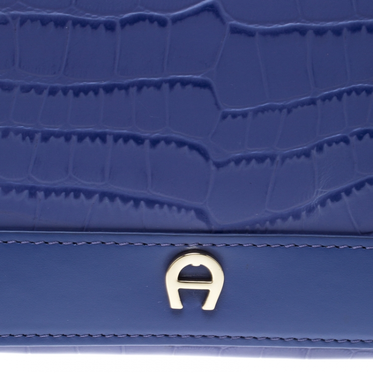 Pre Owned Aigner Purple Croc Embossed Continental Wallet