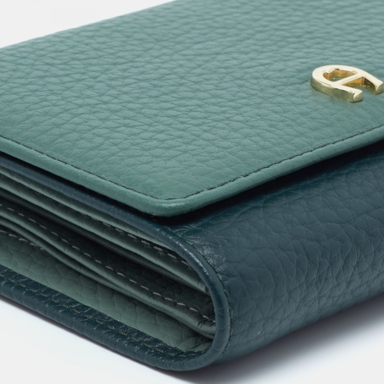 Pre Owned Aigner Two Tone Green Grained Leather Trifold Wallet