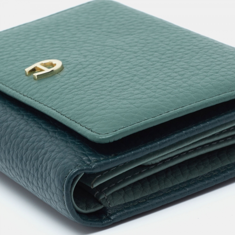 Pre Owned Aigner Two Tone Green Grained Leather Trifold Wallet