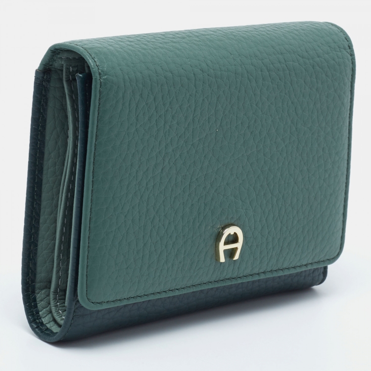 Pre Owned Aigner Two Tone Green Grained Leather Trifold Wallet