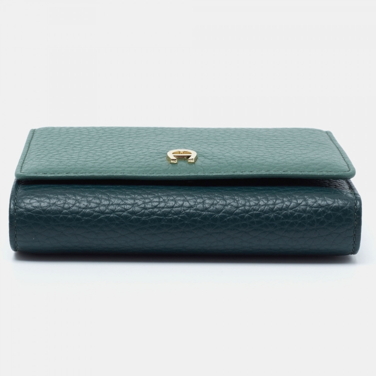 Pre Owned Aigner Two Tone Green Grained Leather Trifold Wallet