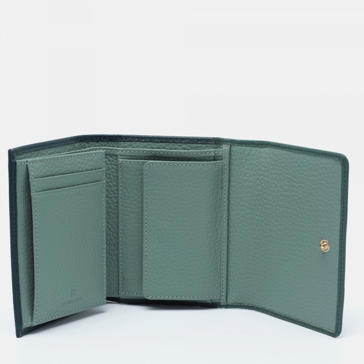 Pre Owned Aigner Two Tone Green Grained Leather Trifold Wallet