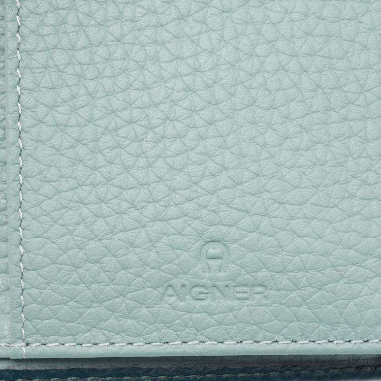 Pre Owned Aigner Two Tone Green Grained Leather Trifold Wallet