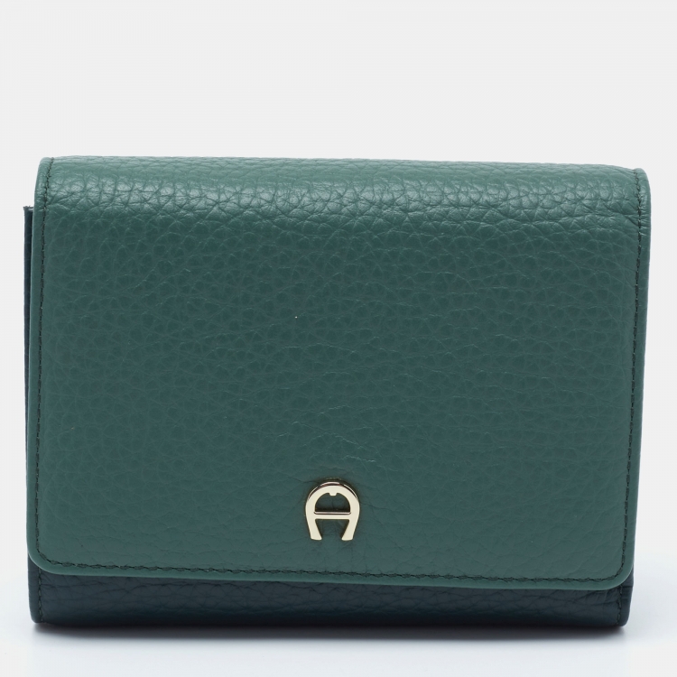 Pre Owned Aigner Two Tone Green Grained Leather Trifold Wallet