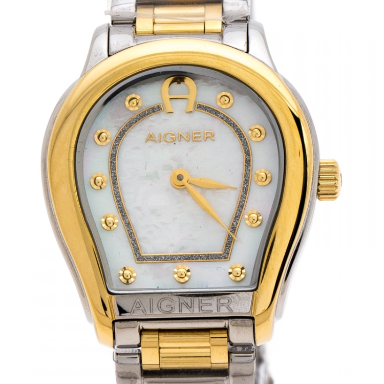 Pre Owned Aigner Mother of Pearl Two-Tone Stainless Steel Vicenza A111212 Women's Wristwatch 30 mm