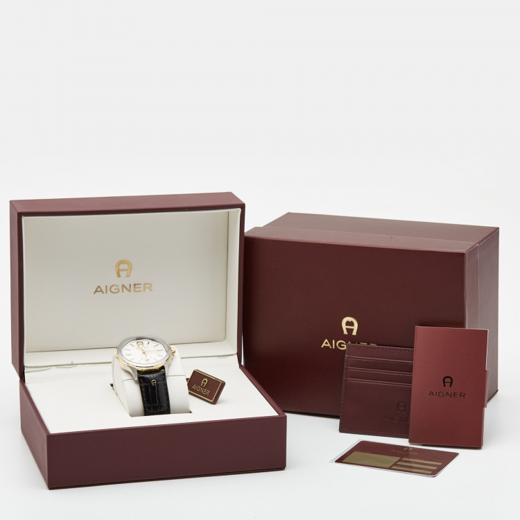 Pre Owned Aigner Silver Two Tone Stainless Steel Leather Sorrento A110100 Men's Wristwatch 44 mm