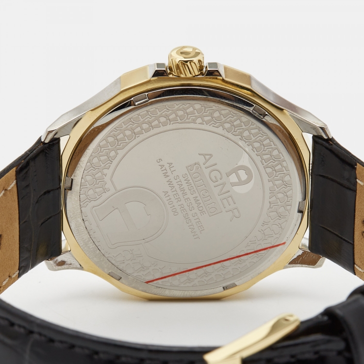 Pre Owned Aigner Silver Two Tone Stainless Steel Leather Sorrento A110100 Men's Wristwatch 44 mm