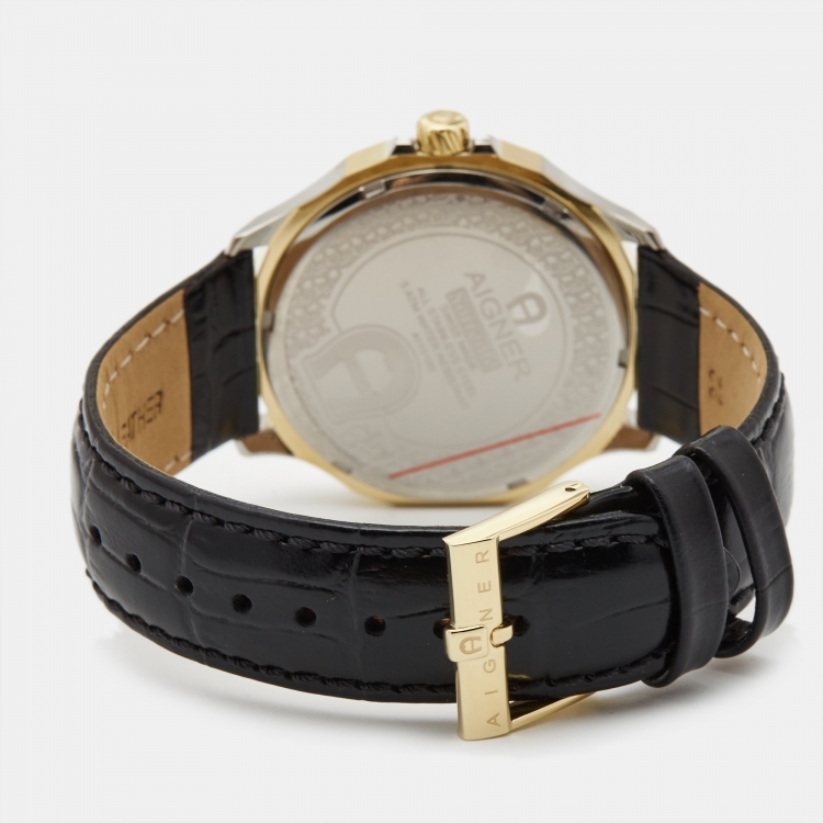 Pre Owned Aigner Silver Two Tone Stainless Steel Leather Sorrento A110100 Men's Wristwatch 44 mm