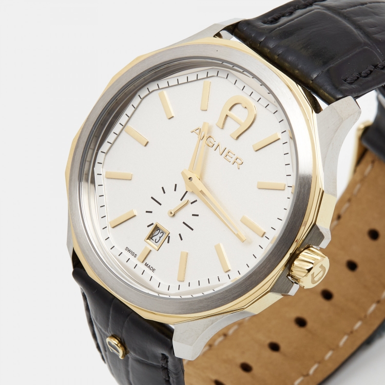 Pre Owned Aigner Silver Two Tone Stainless Steel Leather Sorrento A110100 Men's Wristwatch 44 mm