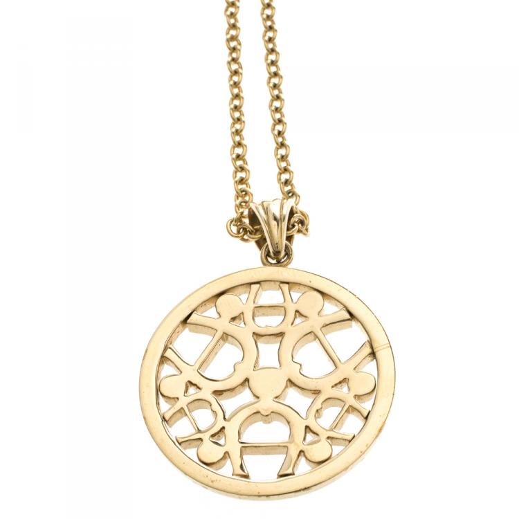 Pre Owned Aigner Crystal Circular Pendant Gold Tone Chain Necklace