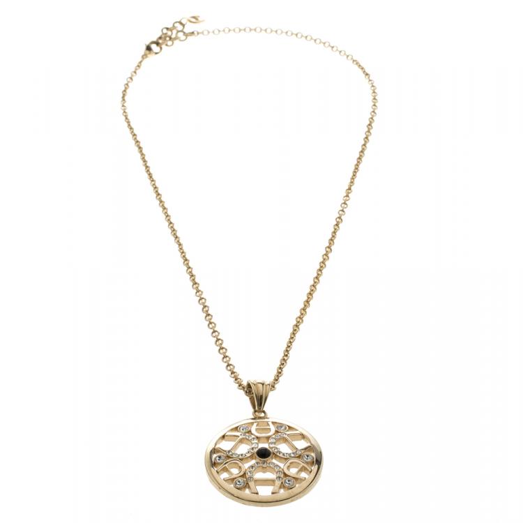 Pre Owned Aigner Crystal Circular Pendant Gold Tone Chain Necklace