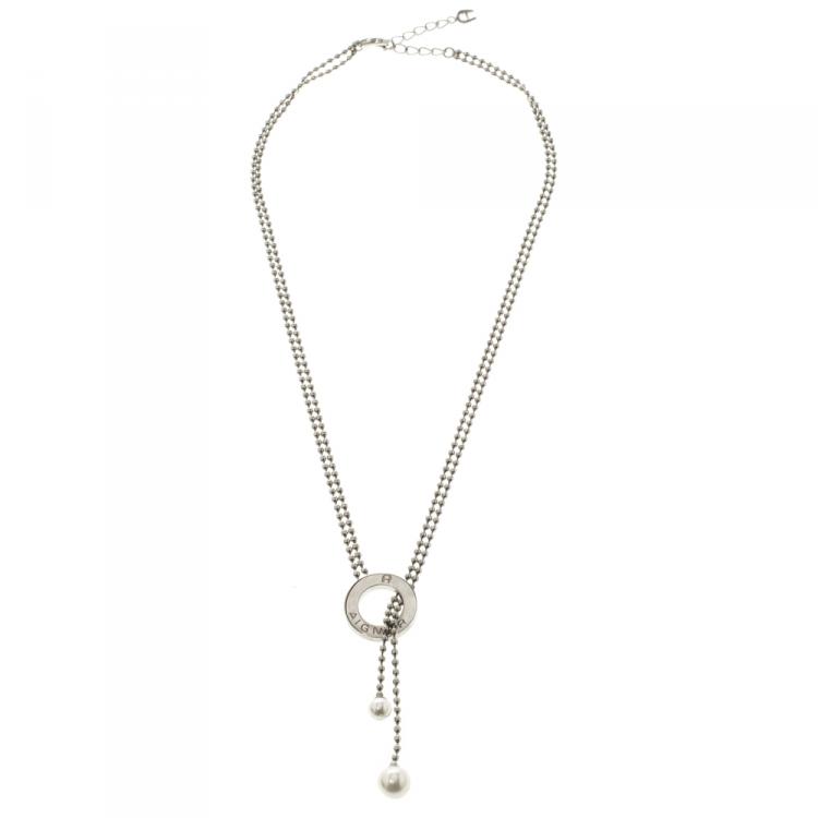 Pre Owned Aigner Faux Pearl Beaded Silver Tone Lariat Loop Necklace
