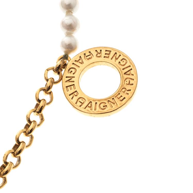 Pre Owned Aigner Faux Pearl Crystal Gold Tone Toggle Bracelet