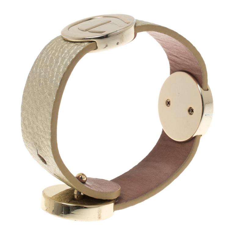 Pre Owned Aigner Logo Gold Tone Wide Leather Bracelet
