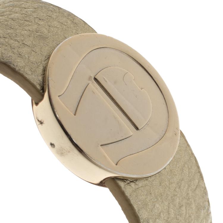 Pre Owned Aigner Logo Gold Tone Wide Leather Bracelet