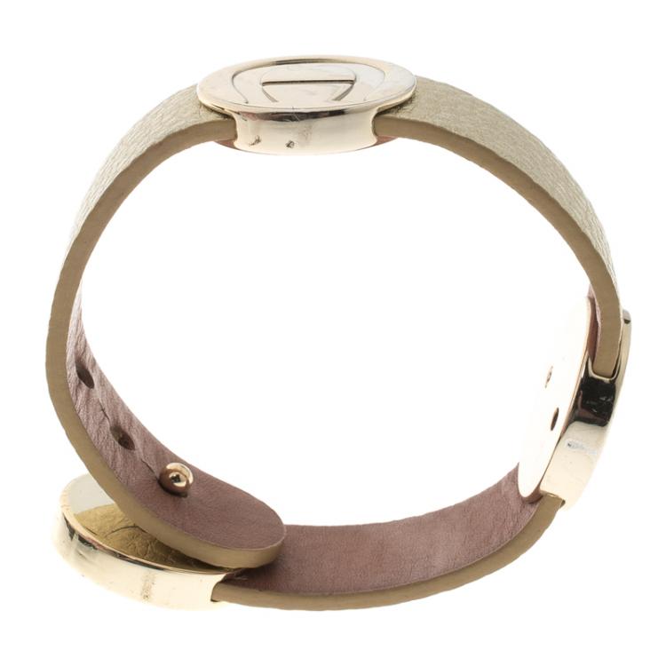 Pre Owned Aigner Logo Gold Tone Wide Leather Bracelet