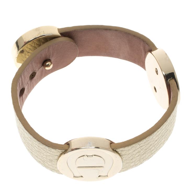 Pre Owned Aigner Logo Gold Tone Wide Leather Bracelet