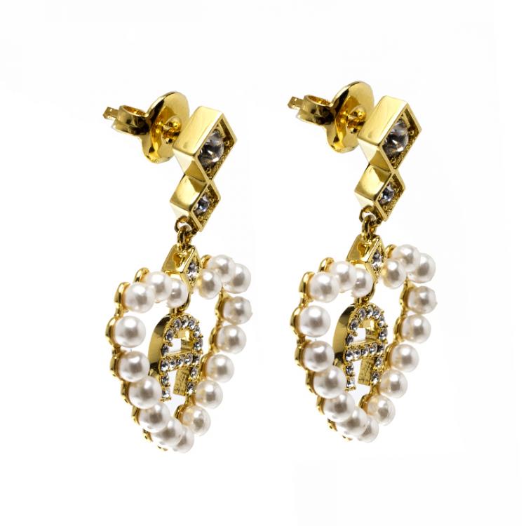 Pre Owned Aigner Heart Faux Pearl Gold Tone Drop Earrings