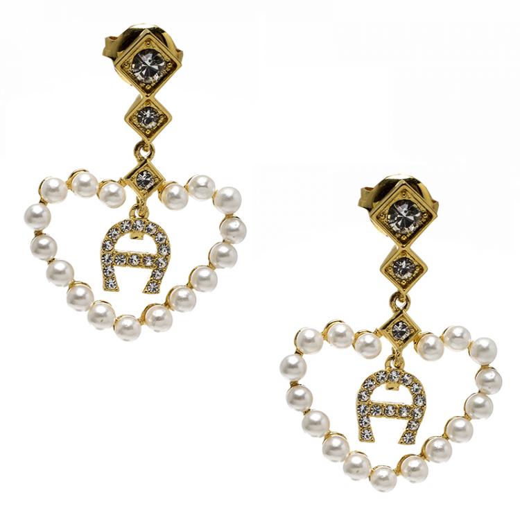 Pre Owned Aigner Heart Faux Pearl Gold Tone Drop Earrings