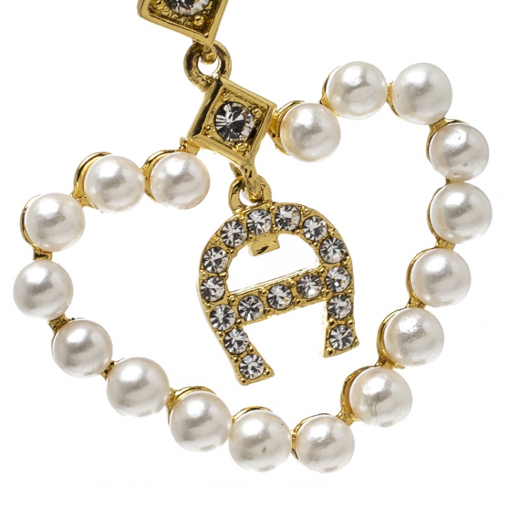 Pre Owned Aigner Heart Faux Pearl Gold Tone Drop Earrings