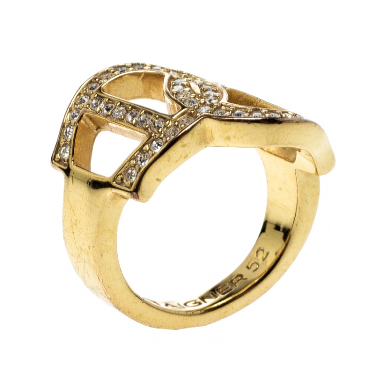 Aigner Interlocking Logo Crystal Gold Tone Ring Size 52 Aigner Tlc