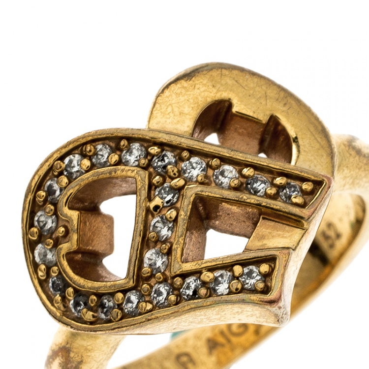 مملوكة مسبقًا Aigner Heart Crystal Gold Tone Ring Size 52
