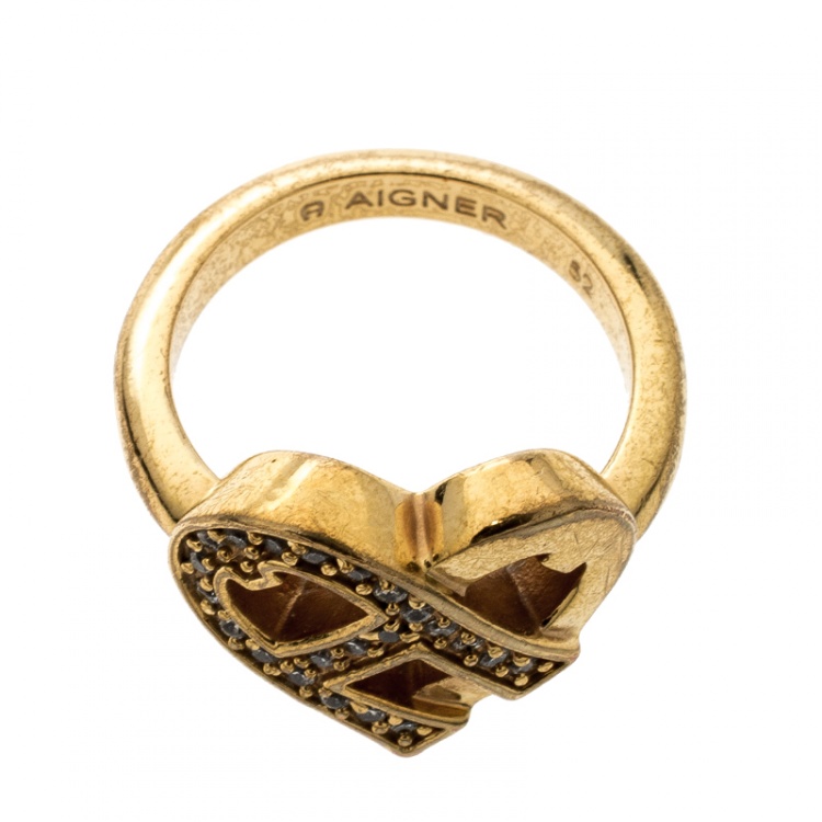 مملوكة مسبقًا Aigner Heart Crystal Gold Tone Ring Size 52