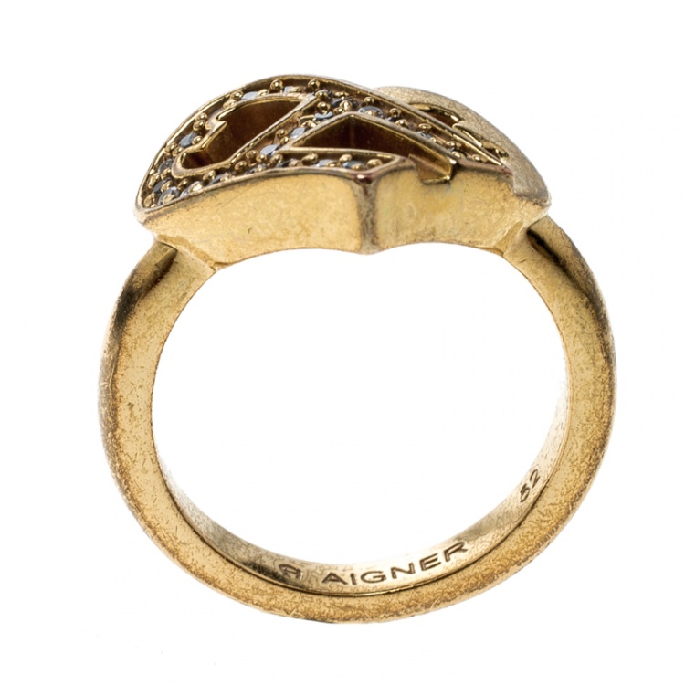 مملوكة مسبقًا Aigner Heart Crystal Gold Tone Ring Size 52