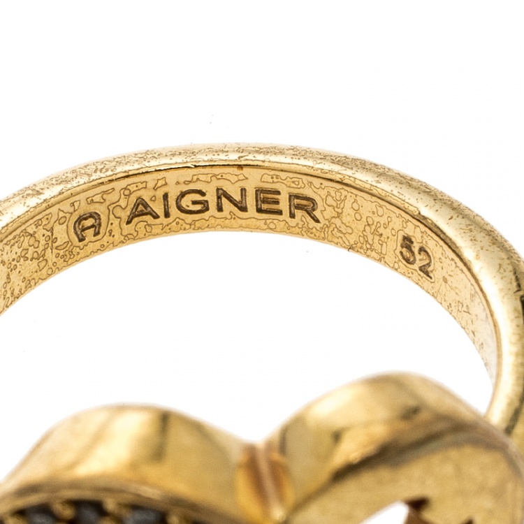 مملوكة مسبقًا Aigner Heart Crystal Gold Tone Ring Size 52