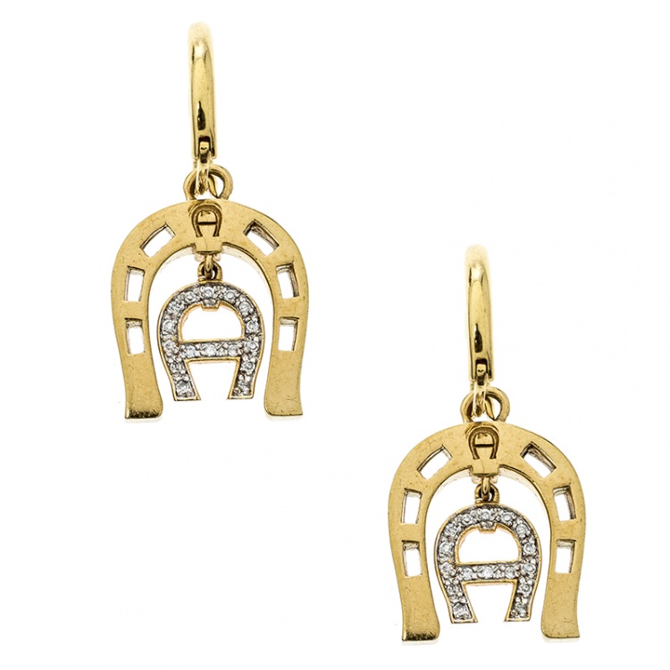 Pre Owned Aigner Crystal Studded Gold Tone Hoop Drop Earrings