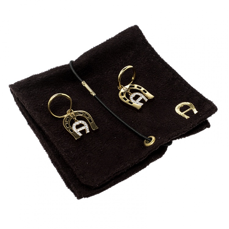 Pre Owned Aigner Crystal Studded Gold Tone Hoop Drop Earrings