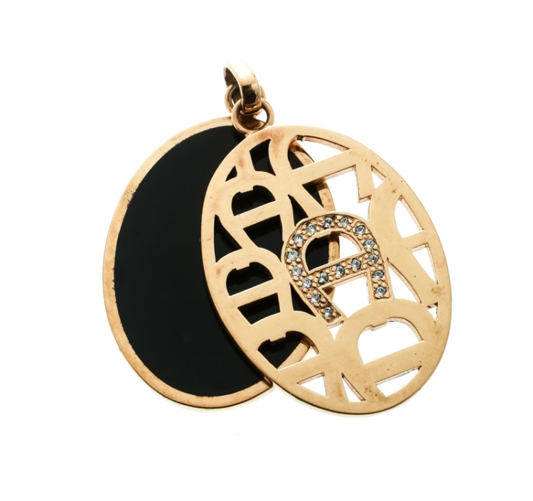 Pre Owned Aigner Crystal Black Enamel Gold Tone Dual Charm Pendant