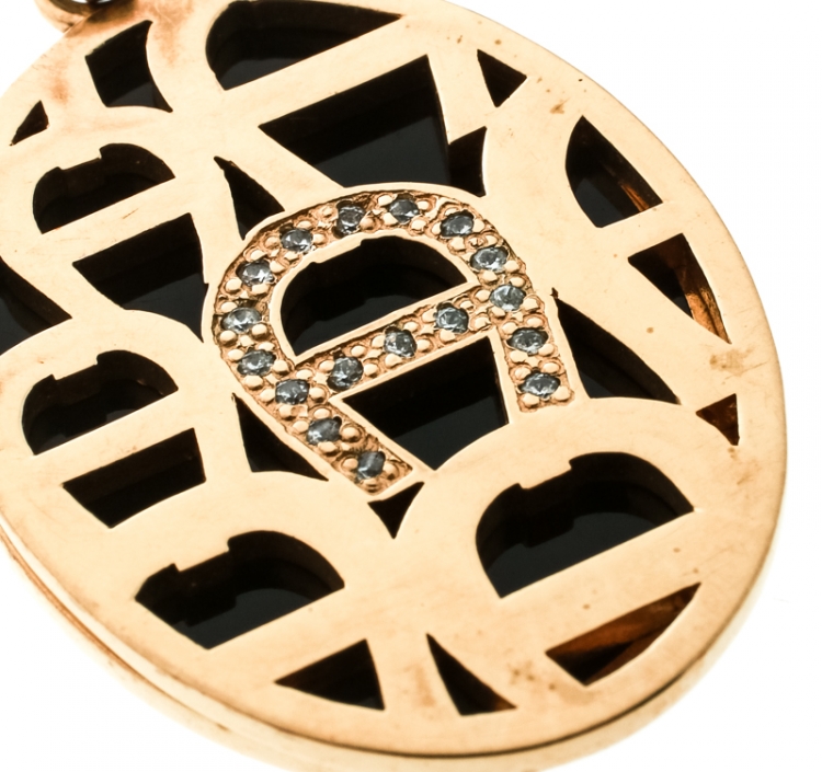 Pre Owned Aigner Crystal Black Enamel Gold Tone Dual Charm Pendant