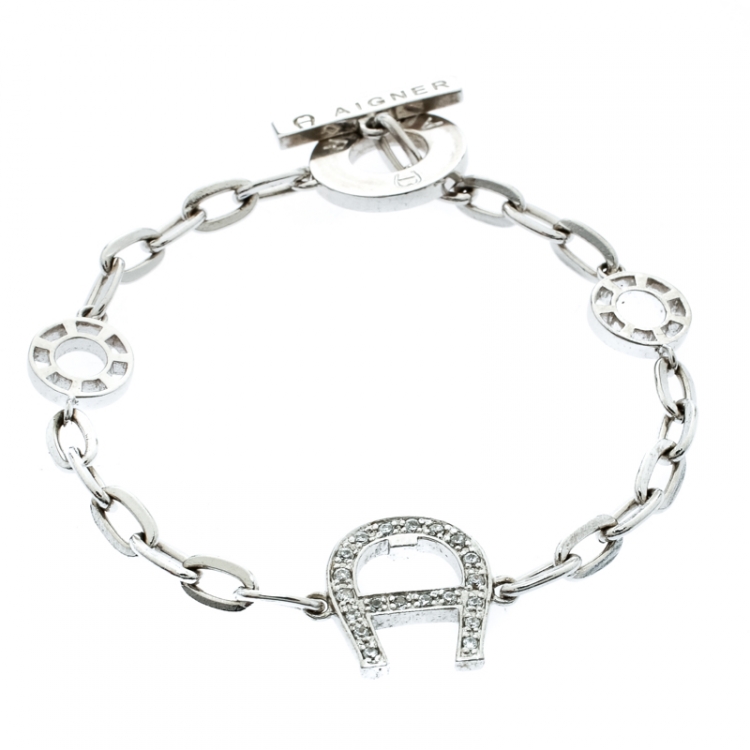 Pre Owned Aigner Silver Tone Station Link Chain Toggle Bracelet 