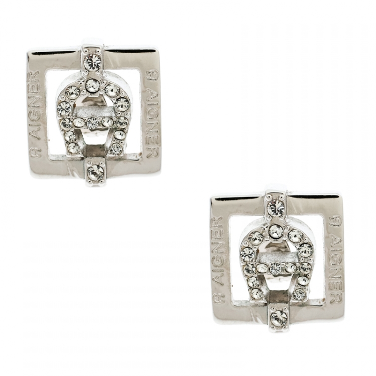 Pre Owned Aigner Logo Crystal Studded Silver Tone Stud Earrings