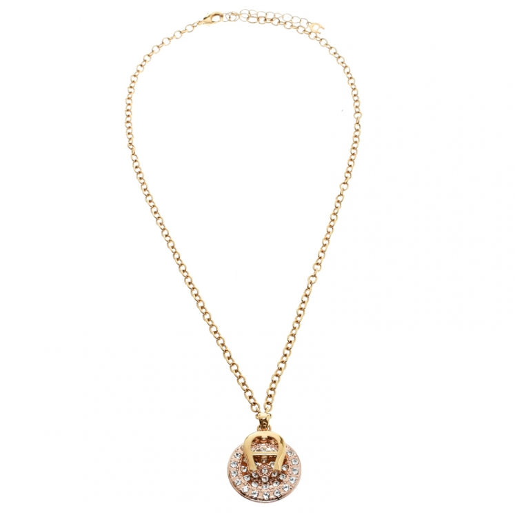 Pre Owned Aigner Logo Crystal Two Tone Metal Pendant Necklace