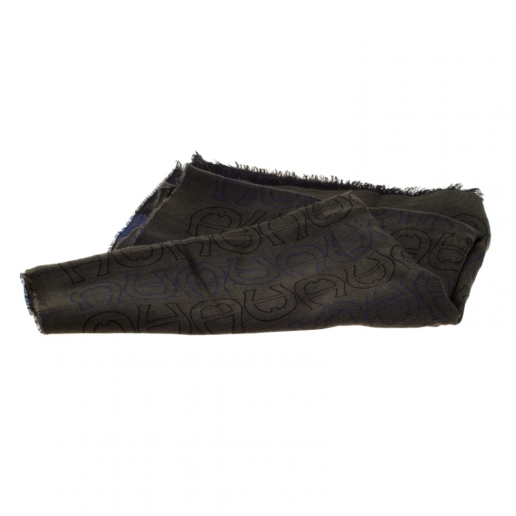 مملوكة مسبقًا Aigner Olive Green Horseshoe Logo Pattern Silk and Wool Jacquard Scarf