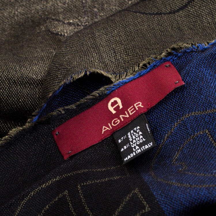 مملوكة مسبقًا Aigner Olive Green Horseshoe Logo Pattern Silk and Wool Jacquard Scarf