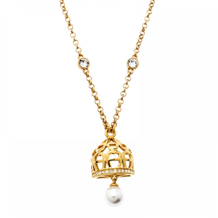 Pre Owned Aigner Faux Pearl Gold Tone Dome Earrings & Chain Necklace Set