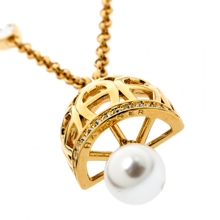 Pre Owned Aigner Faux Pearl Gold Tone Dome Earrings & Chain Necklace Set
