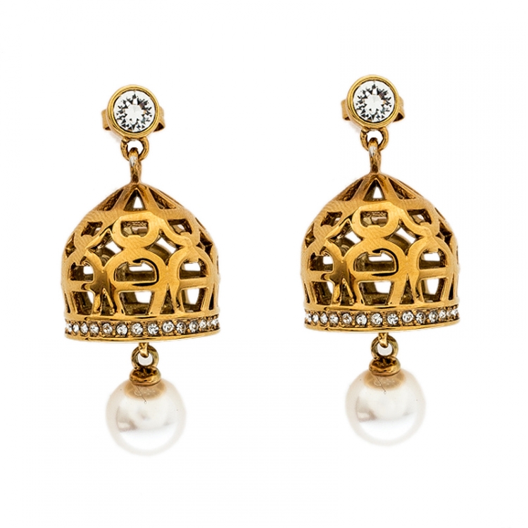 Pre Owned Aigner Faux Pearl Gold Tone Dome Earrings & Chain Necklace Set