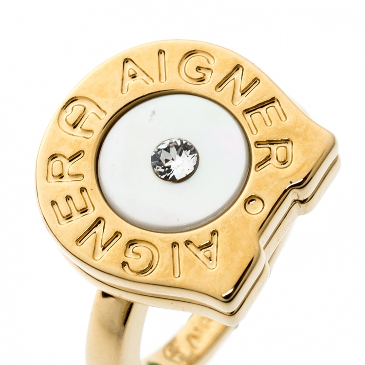 مملوكة مسبقًا Aigner Gold Plated Crystal Studded Mother of Pearl Ring Size 54