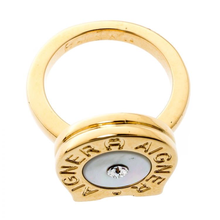مملوكة مسبقًا Aigner Gold Plated Crystal Studded Mother of Pearl Ring Size 54