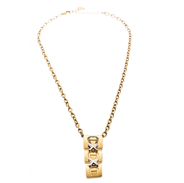 مملوكة مسبقًا Aigner Gold Plated Tiered Crystal Studded Plaque Pendant Necklace